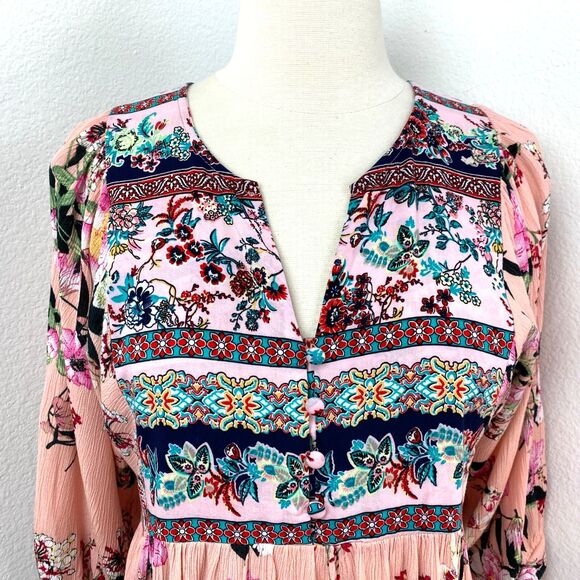 Umgee Pink Floral Dress Small Baby Doll Fairy Whimsy Goth Boho Peasant Milkmaid - Picture 2 of 13